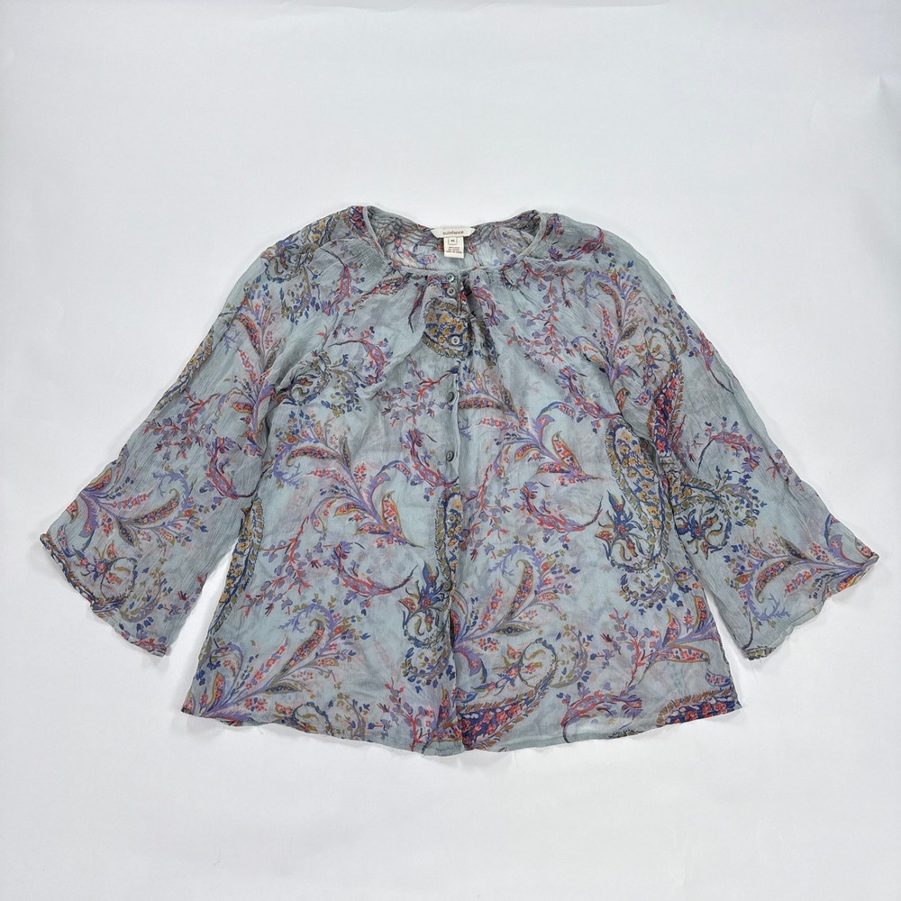Sundance Womens Blouse M Blue Paisley 100% Silk Sheer Boho Romantic Ethereal